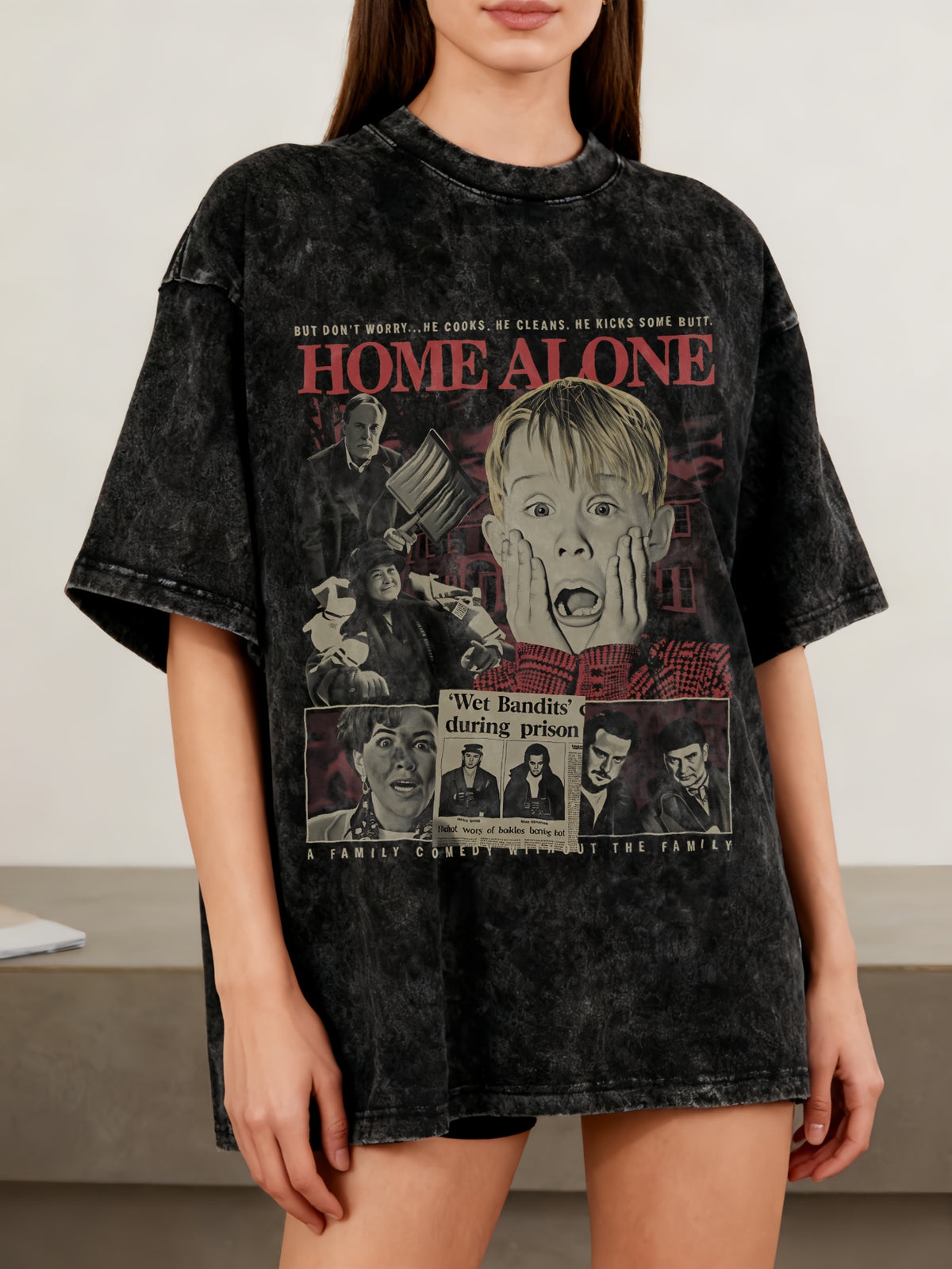Retro Home Alone American Old Fun Spoof Retro Trendy Top Women'S Short-Sleeved T-Shirt, Ting Ge Special - Black