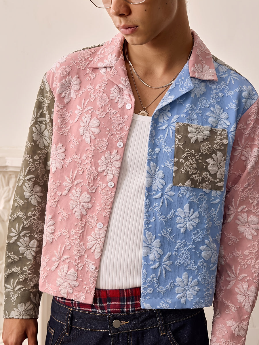 Men'S Shirt Contrast Color Patchwork Jacquard Fabric Trendy Fashion Casual Street New Short Length Spring Autumn Men'S Casual Shirt - Khaki
