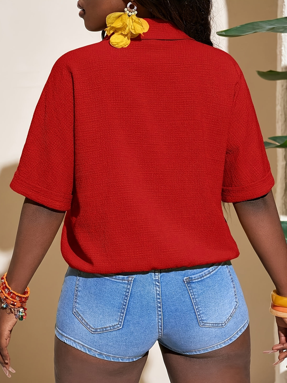 Women'S Autumn And Winter Clothing Summer New Texture Fabric Orange Short-Sleeved Casual Vacation Shirt - Red