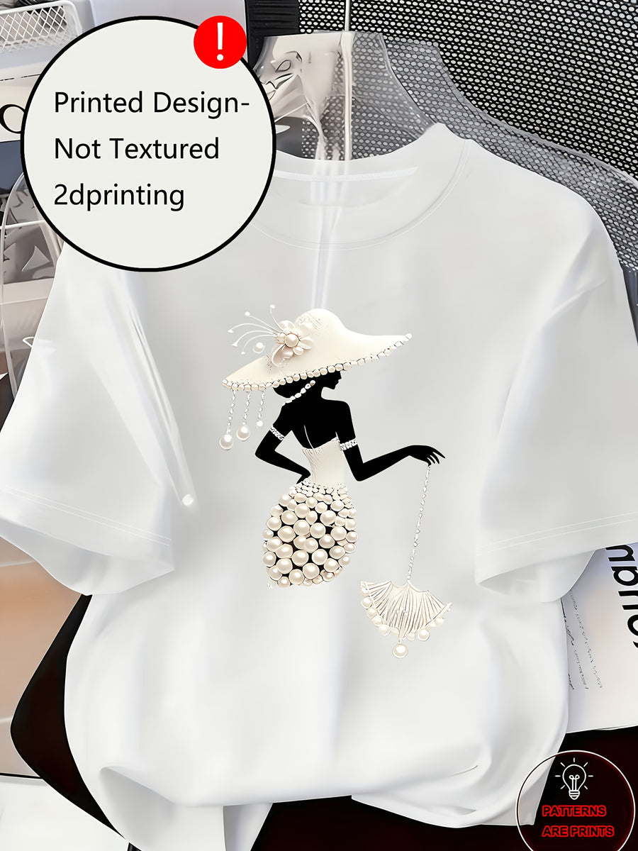Printed Design Casual Crew Neck T-Shirt, Spring/Summer Fashion Women's T-Shirt [Printed Design – Not Textured] - White 7