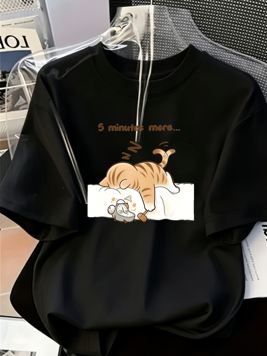 Plus Size - Plus Size - Women'S Summer Round Neck Short Sleeve T-Shirt, "Sleeping Cat" English Letter Print, Suitable for Summer, Beach, Street, Daily, Work, Office Party, Outing, Carnival, Music Festival, Valentine'S Day - Black