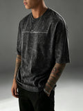 American Vintage Distressed T-Shirt with Simple Letter Print, Short Sleeve, Travel Style Casual Men's Top - Black