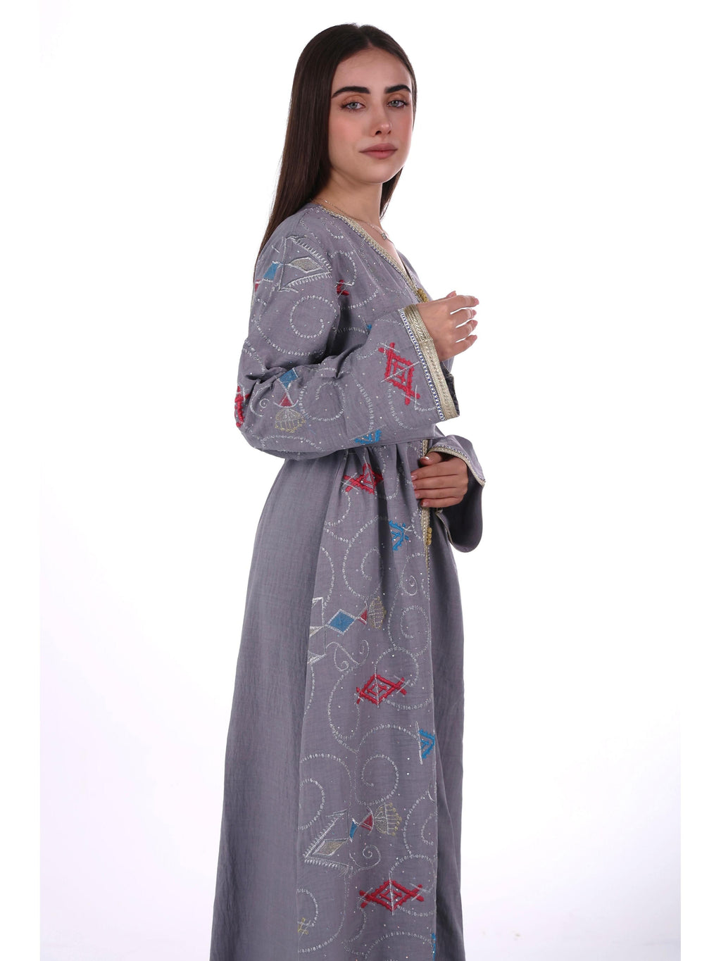 Middle East Women's New Traditional Style Dress Kaftan Robe Jalabiya Festival Evening Gown Abayas Suitable for Holiday Party Wear Women's Evening Dress, Casual Dress with belt - Grey