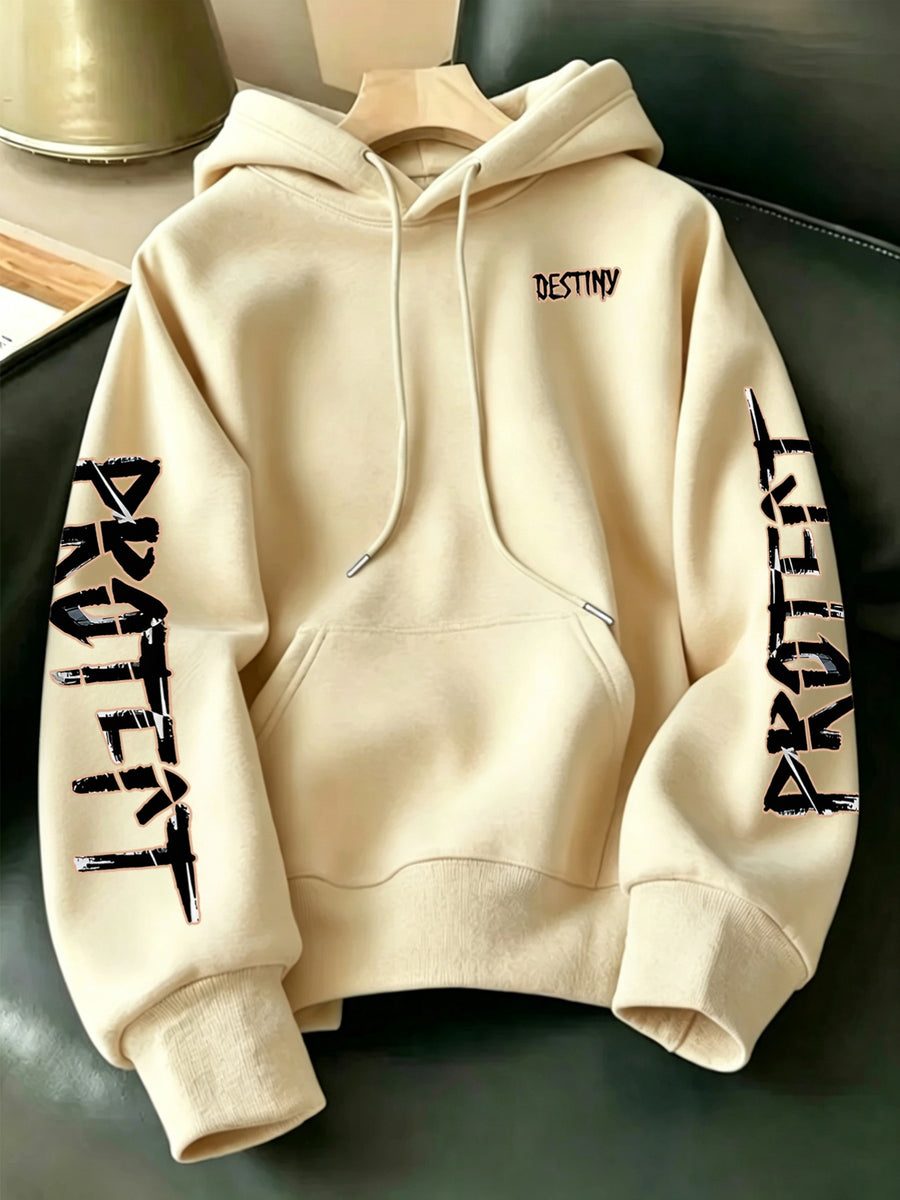 Limited-Time Special Offer: Single-pc Unisex Black Knitted Hooded Sweatshirt with Anime Boy Portrait Graffiti and English Print, Trendy Cool Anime-Style Loose Drop-Shoulder Hoodie for Spring/Autumn, Casual Wear for Outings and Gatherings - Apricot