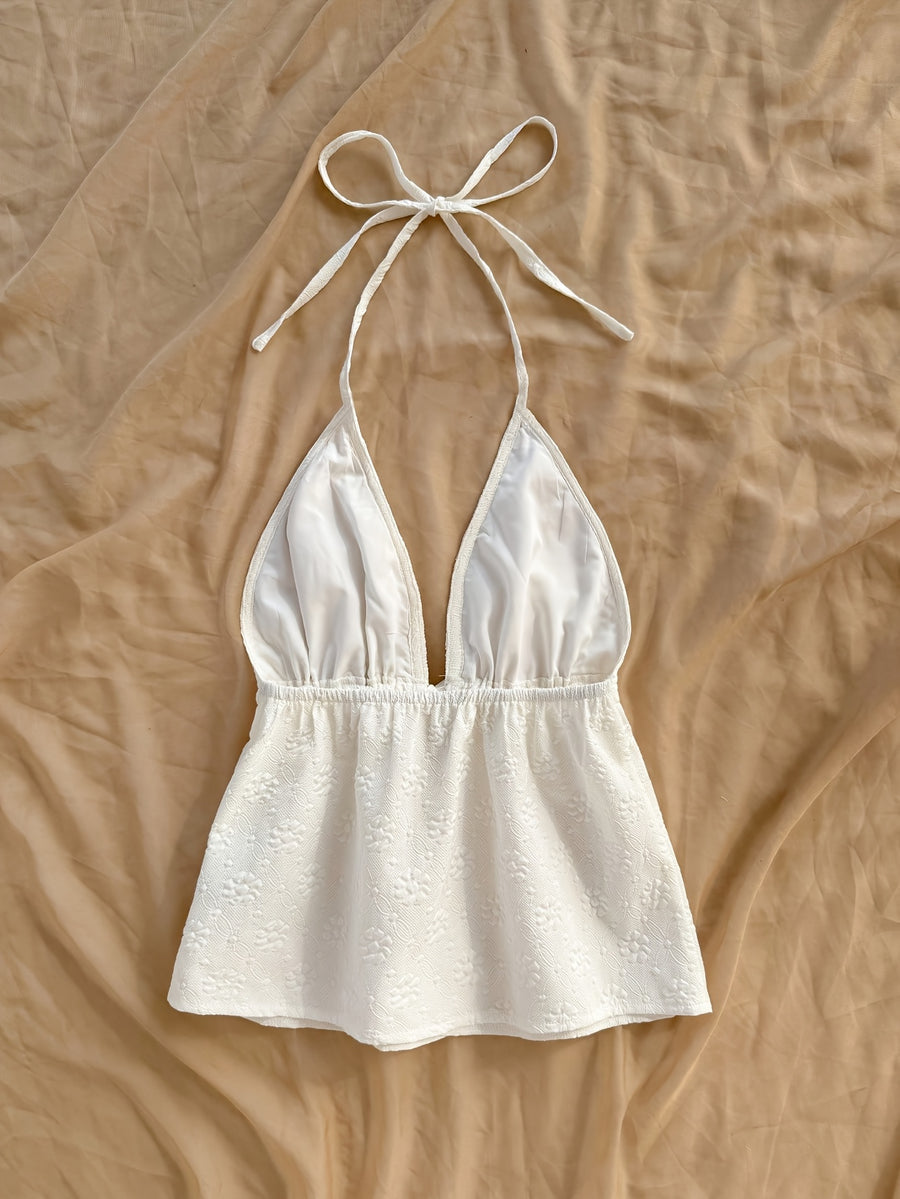Solid Floral Texture Cute Top - Off-white