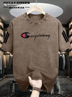 Men's Fashion Short-Sleeve Washed Distressed T-Shirt with "G" Letter Graphic Print, Suitable for Daily, Streetwear, Vintage, and Other Styling Approaches - Brown 1