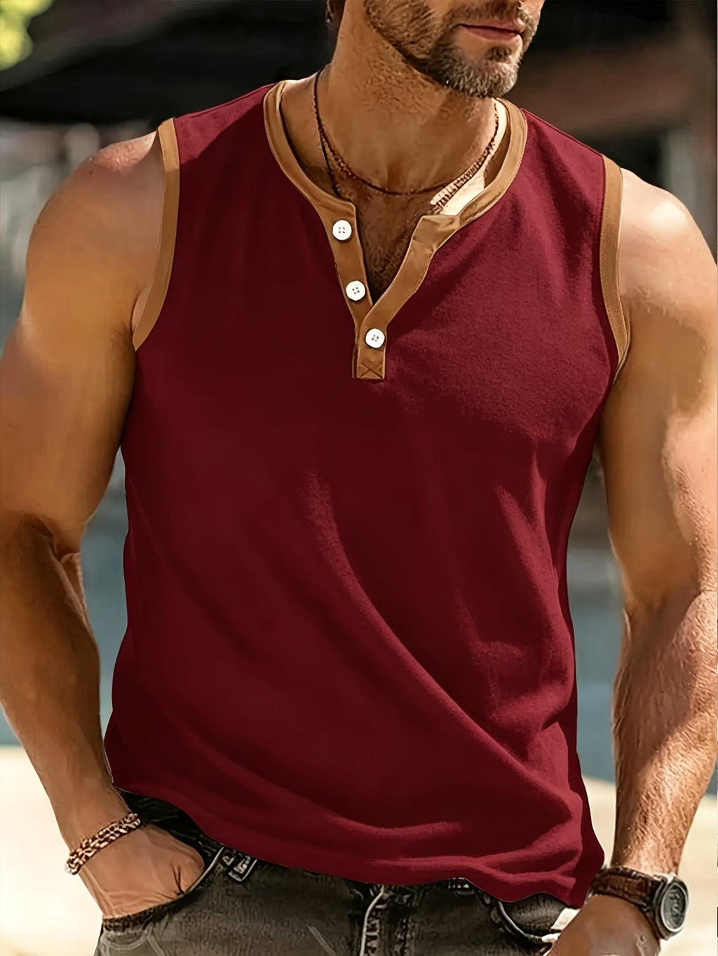 Men's Three-Button Henley Collar Sleeveless Vest with Contrast Binding, Round Neck, Summer Solid Color Casual Sportswear Top - Burgundy