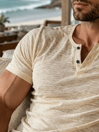 Men's Texture Henley Neck Short Sleeve T-Shirt, Lightweight and Breathable Half-Button Top, Summer Vacation Style Casual Tee - Khaki