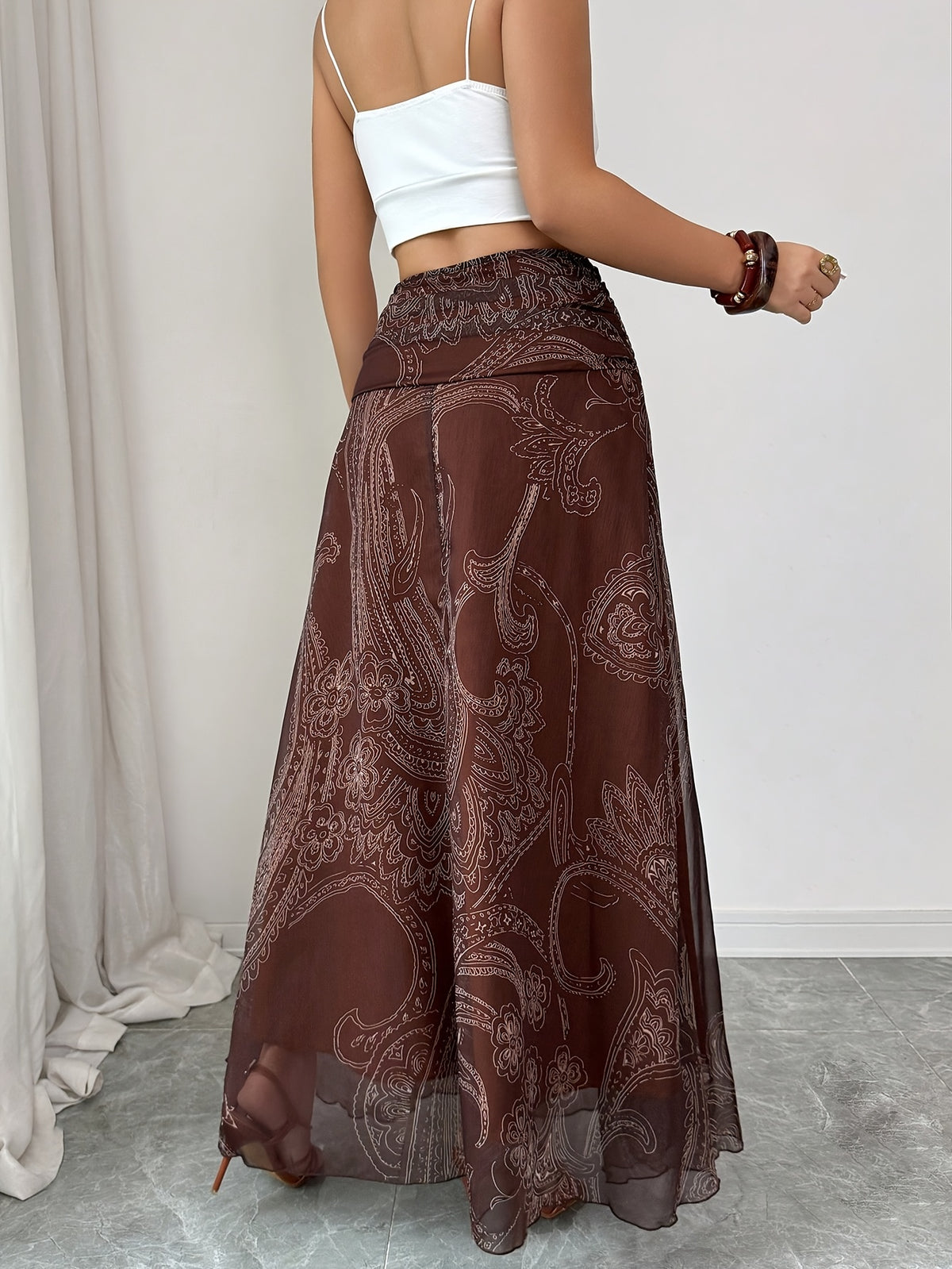 Women's Spring/Summer Printed Casual A-Line Skirt for Leisure and Vacation - Dark Red