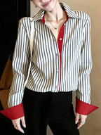 Women's French-Style Cagoule Blouse - Elegant Collar -Front Shirt with Striped Trim, Machine Washable Suitable for Spring Daily Wear, Office & Semi-Formal Outfits, Non-Stretch Blouse Top - Stripe