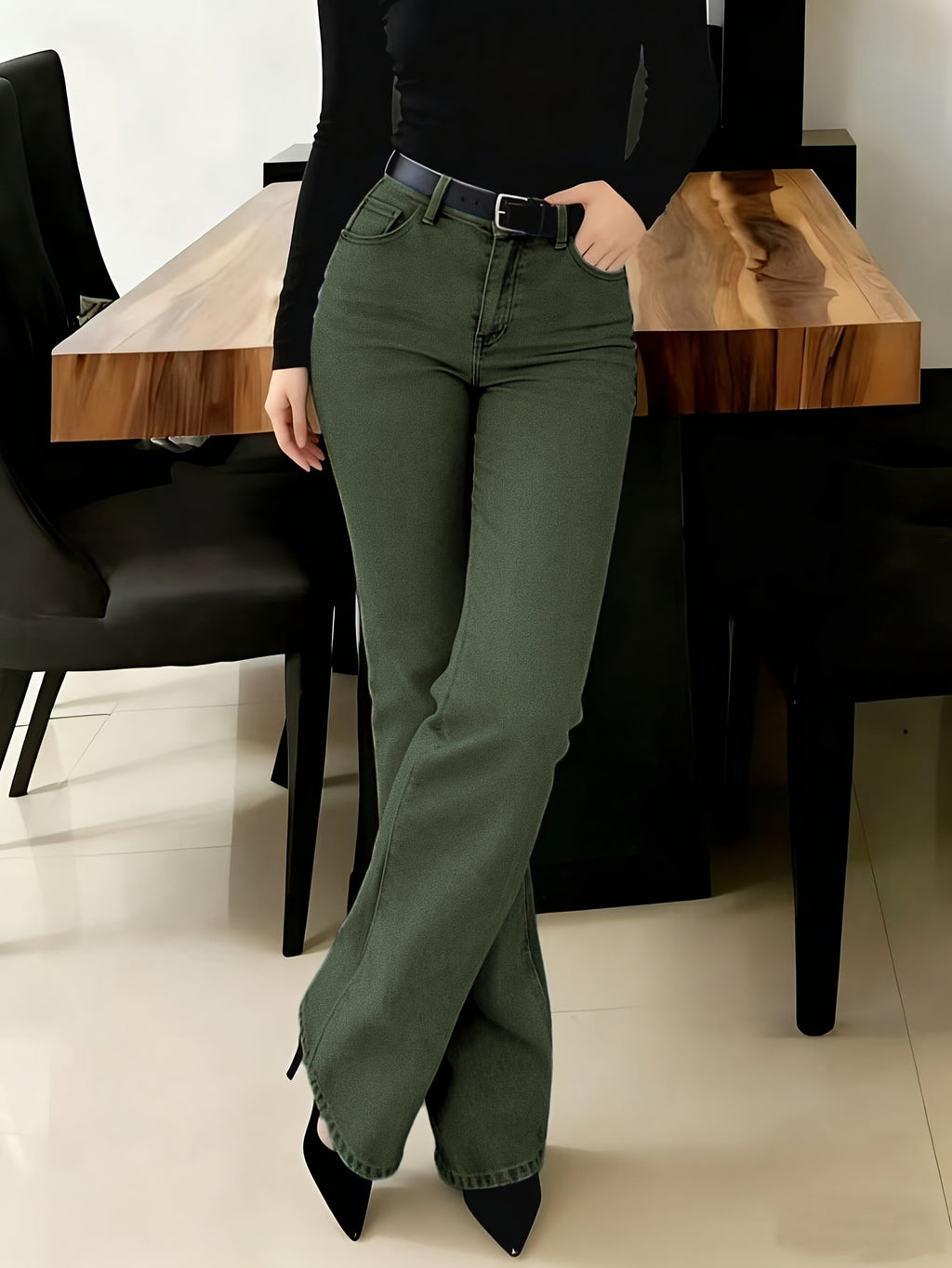 Army Green High-Waist Straight-Leg Jeans for Women, and Figure-Flattering Stretch Straight-Leg Pants for Spring, Summer, and Fall Commuting Wear - Olive Green