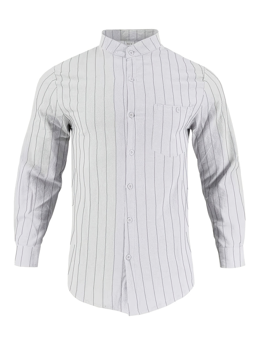 Pearson OBM 3pcs Set Men's Striped Linen Long-Sleeve Shirt; Sporty Casual Lapel Shirt with Pockets; Fashionable, Breathable, and Comfortable Fabric; Top for Beach Vacations and Outdoor Travel - White+black+khaki