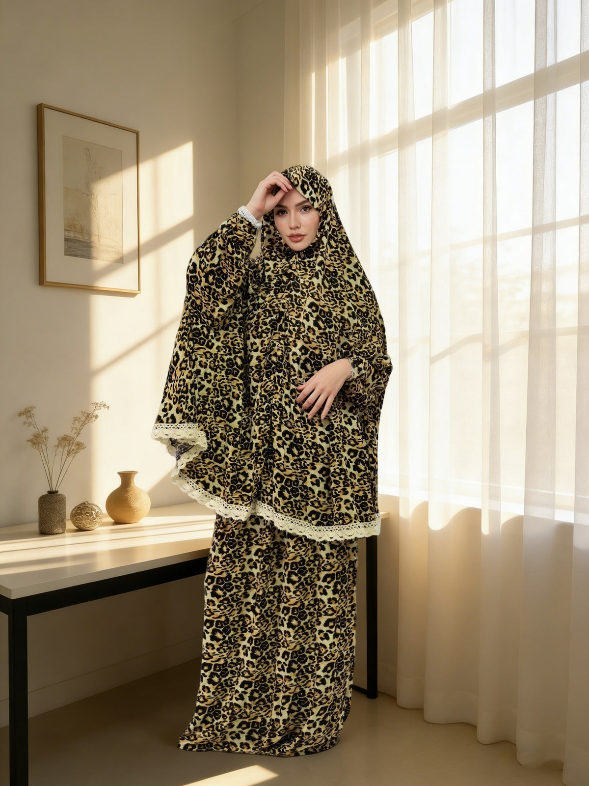 Islamic Holiday Traditional Attire, Women's Loose-fitting Hooded Prayer Robe Set, Star and Crescent Moon Fashion Leopard Print Robe with Lace Trim, Eid Al-Fitr, Eid Al-Adha, Eid Al-Adha, Ramadan - Multicolor