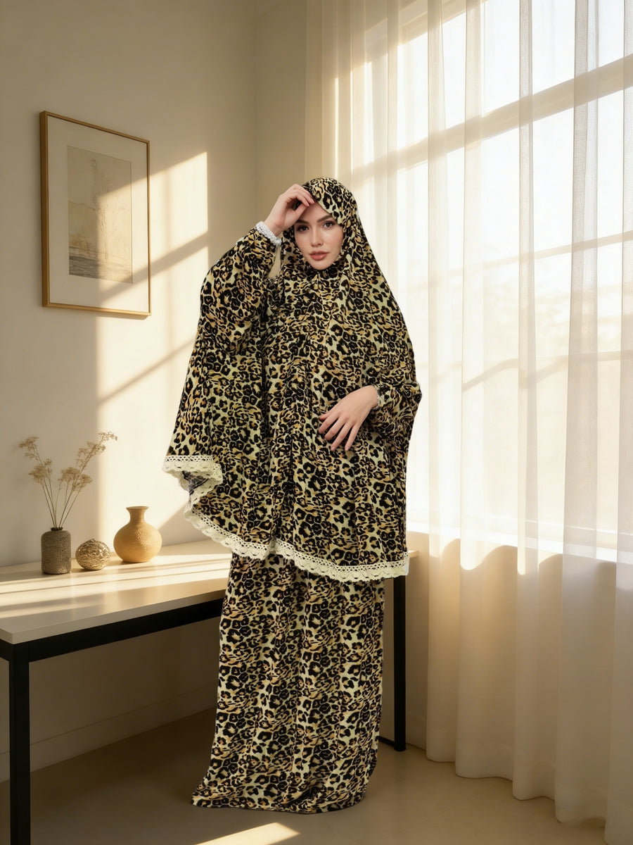 Islamic Holiday Traditional Attire, Women's Loose-fitting Hooded Prayer Robe Set, Star and Crescent Moon Fashion Leopard Print Robe with Lace Trim, Eid Al-Fitr, Eid Al-Adha, Eid Al-Adha, Ramadan - Multicolor