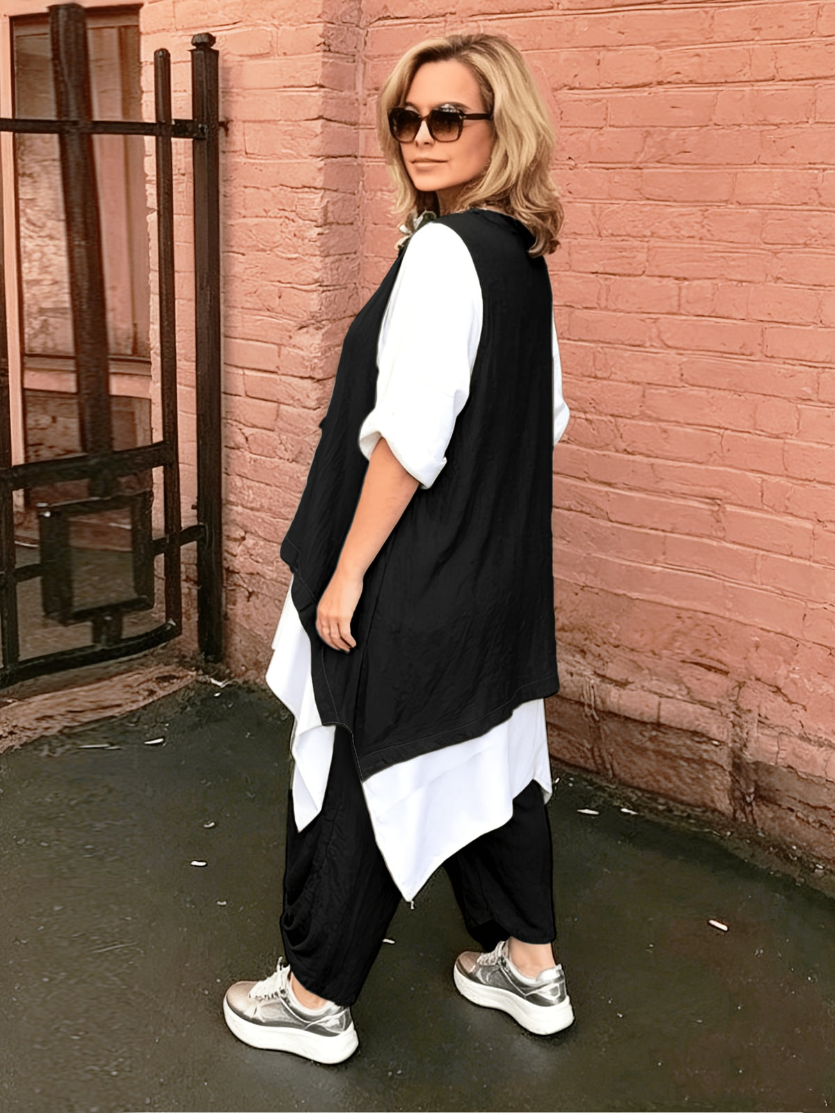 Plus Size, Plus Size Ethnic 2pcs Outfit, Color Block Spliced Mid-length Top + Pleated Cuff Harem Pants, Breathable Imitation Casual Set - Black