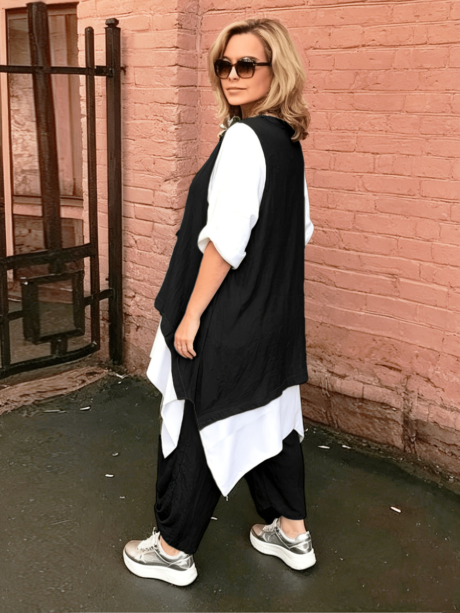 Plus Size, Plus Size Ethnic 2pcs Outfit, Color Block Spliced Mid-length Top + Pleated Cuff Harem Pants, Breathable Imitation Casual Set - Black