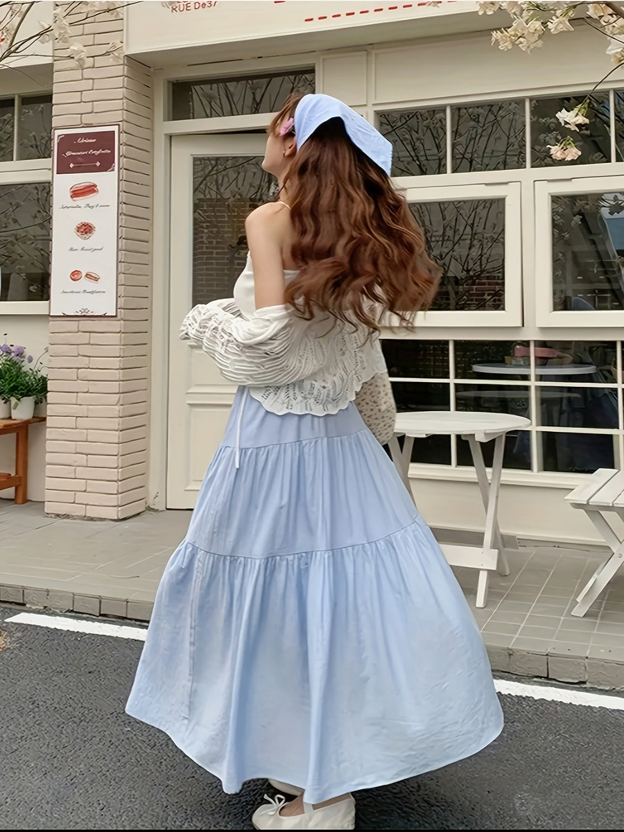 High-Waisted Skirt Elegant Casual A-Line Layered Skirt Spring And Summer Women'S Clothing Sweet Pink Long Pleated Cake Skirt - Light Blue