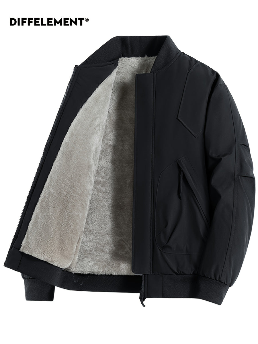 DIFFELEMENT 1pc Men's -Lined Thickened Baseball Collar Flight Jacket, Windproof and Warm with Inner Lining, Outer Jacket with Zipper Pockets, Zipper Cardigan Jacket, Regular Fit Design, Suitable for Daily Casual Wear and Outdoor Activities for Cold - Black
