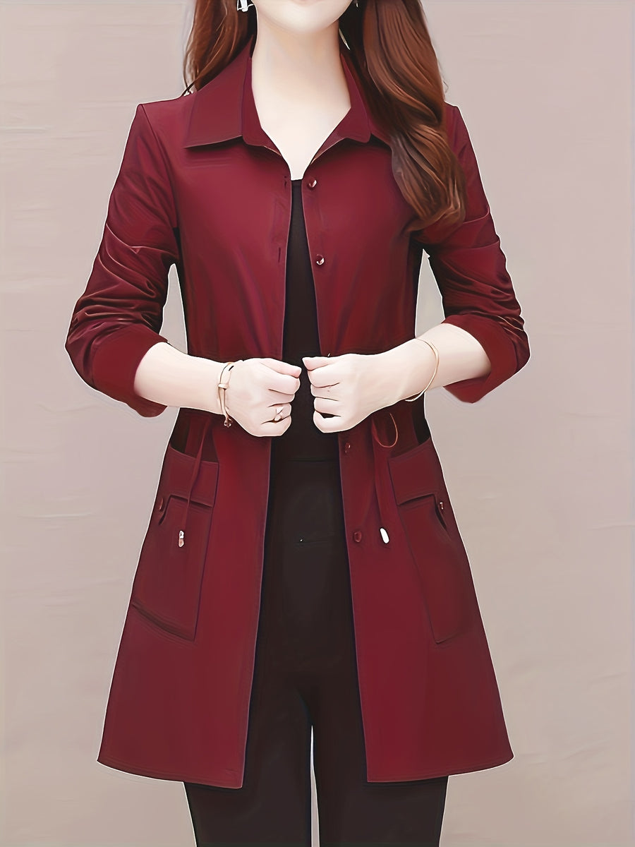 Spring And Autumn Fashion Long Slim Long-Sleeved Shirt Coat - Deep Red