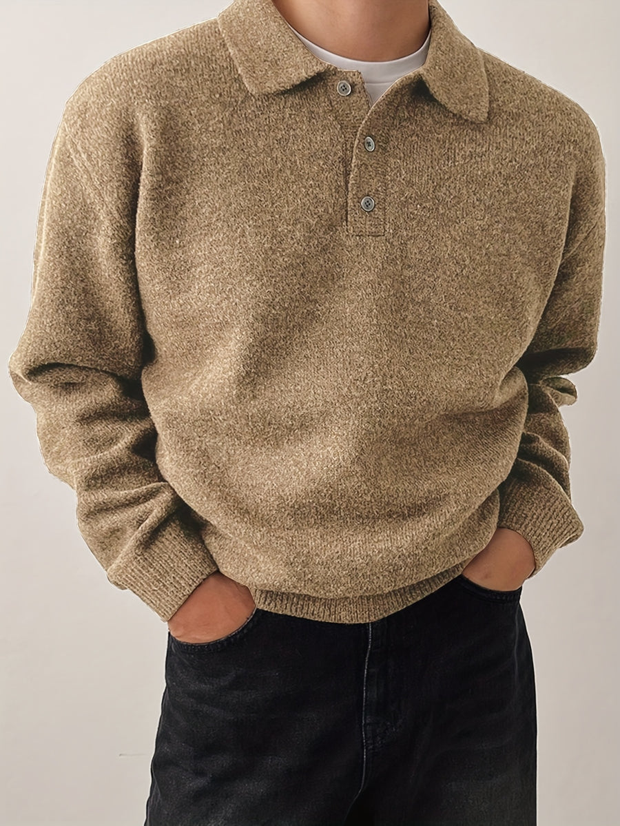 Men's POLO Collar Sweater for Autumn/Winter, Lazy-Style High-End Winter Pullover, Inner Layer Base Top, Lapel Knit Outerwear, Thick Jacket - Yellow Brown