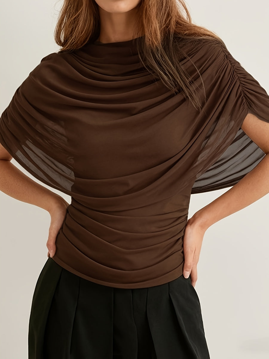 European and American Style Cross-border Women's Clothing Autumn and Winter New Scarf Collar Pleated Sleeveless Slim Top - Dark Brown