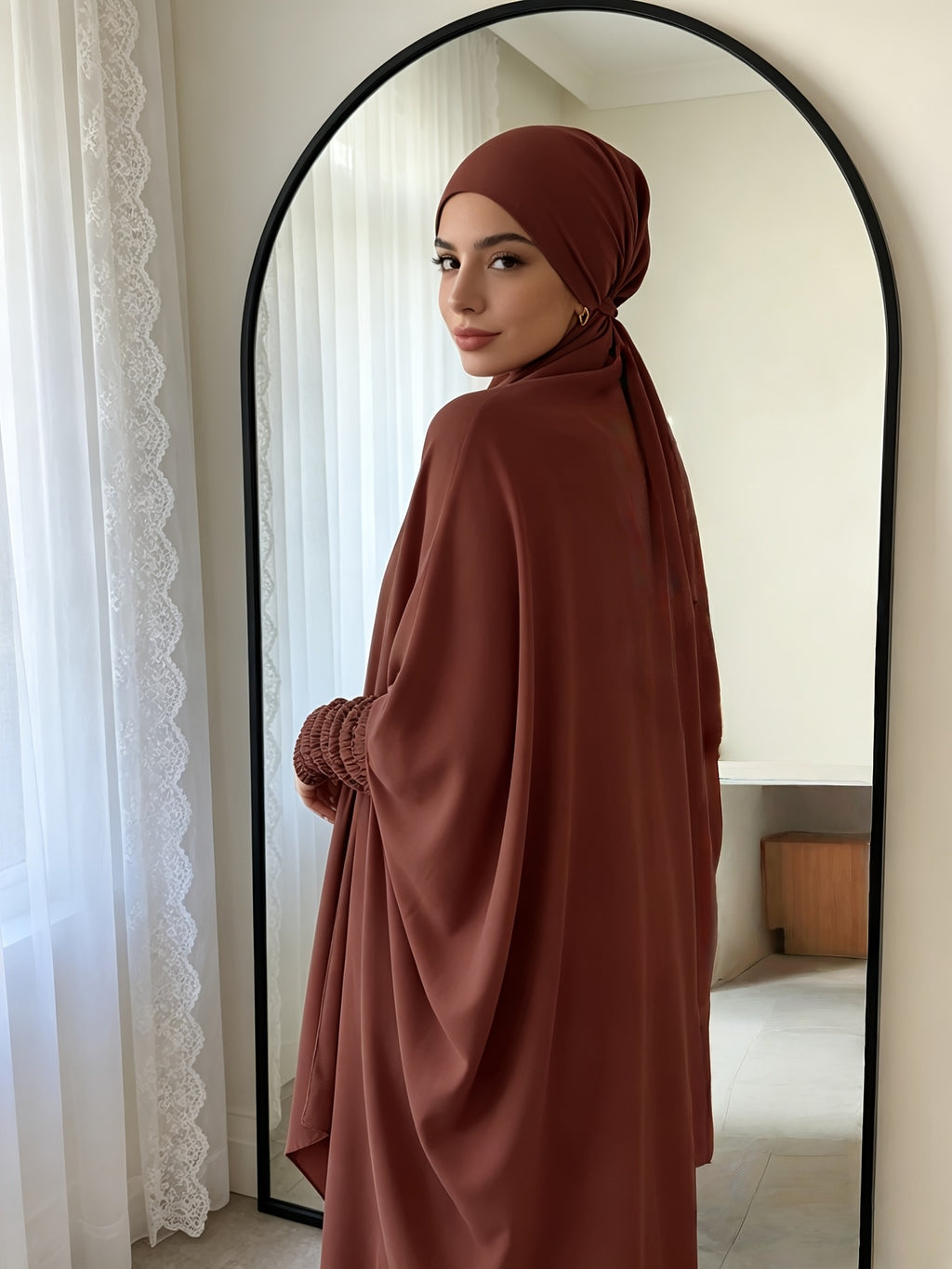 Casual Modest Outfit Set with Matching Head Wrap, Lightweight Breathable Loose Fit Puff Sleeve Top and Maxi Skirt for Everyday Use - Maroon