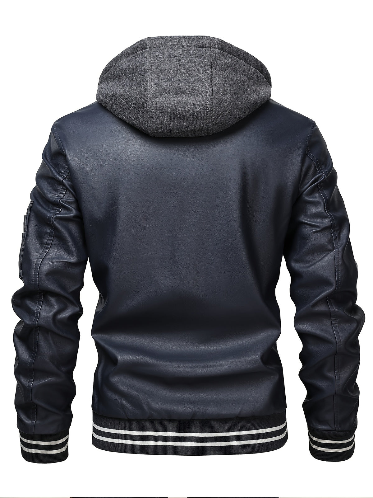 2026 New Best Choice 1pc Men'S Faux Leather Solid Color Hooded Lining Fleece Faux Leather Jacket Metal Zipper Multi-Pocket Design Casual Light Business Style Fall Slim Commute Daily Coat - Blue