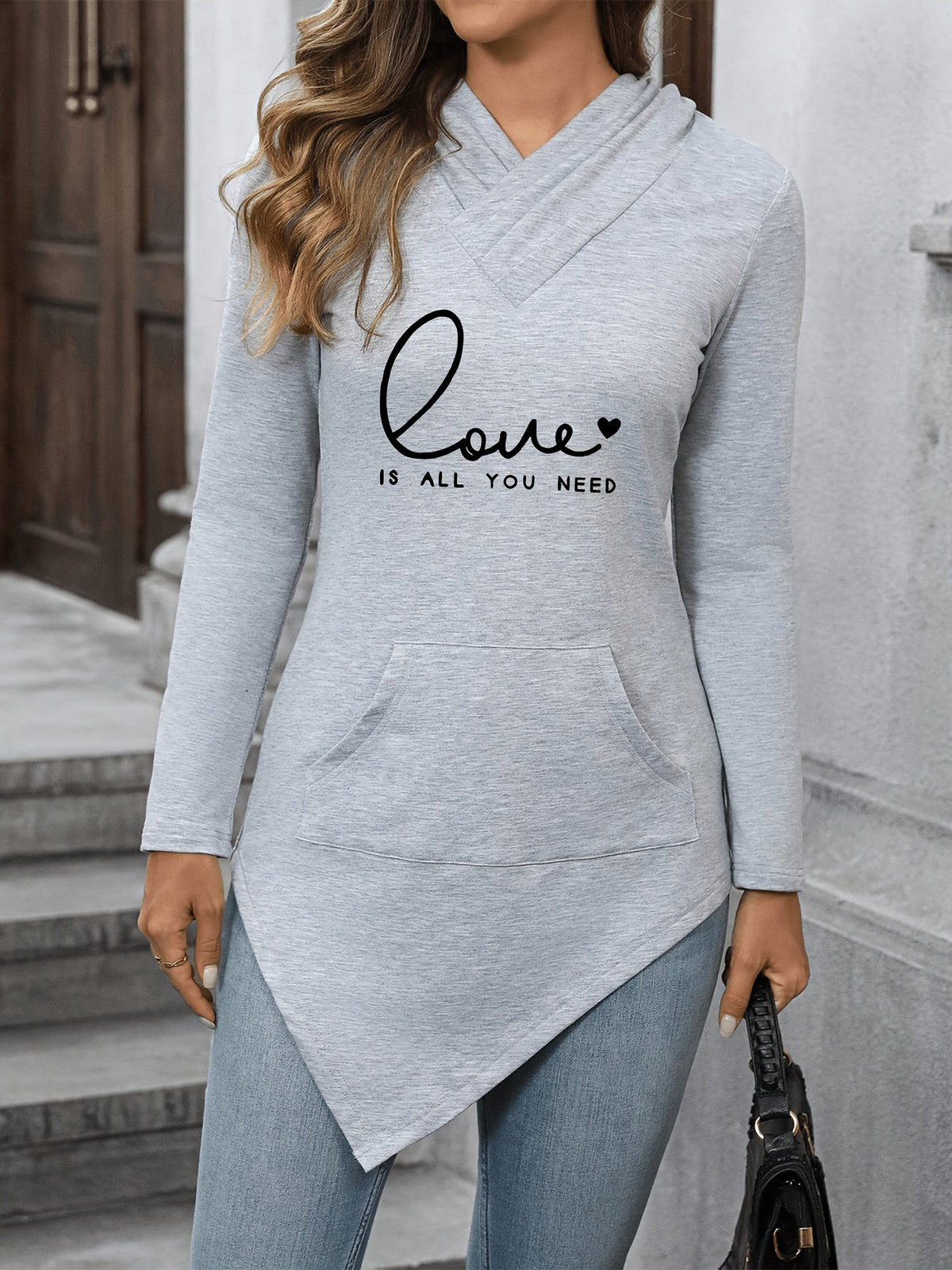 Letter Print Women'S Cross-Collar Hooded Top Long Sleeve Asymmetrical Slanted Hem Kangaroo Pocket Casual T-Shirt - Light Grey