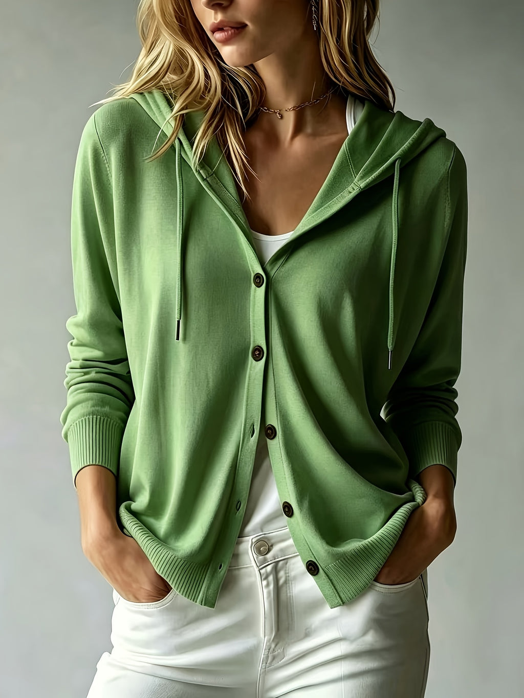 Women's Casual Hooded Cardigan, Button-Up Long Sleeve Top, Lightweight Loose Hooded Outerwear, Suitable for Daily/Commute/Vacation Multi-Scene Wear, Gavin - Green