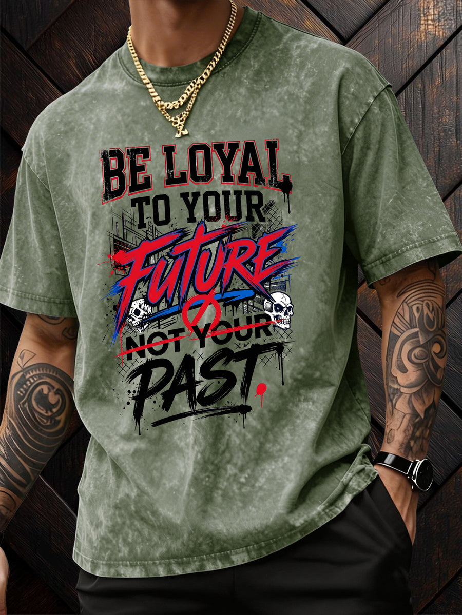 American-Style Washed Vintage Skull Graphic T-Shirt, Dark High Street Fashion Short Sleeves, Loose Fit with Motivational Slogans for Men - Olive Green