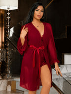 Plus Size Women's Sexy Lace Camisole Nightgown with Lace Trim, Floral Lace Long Sleeve Mesh 3pcs Set - Burgundy