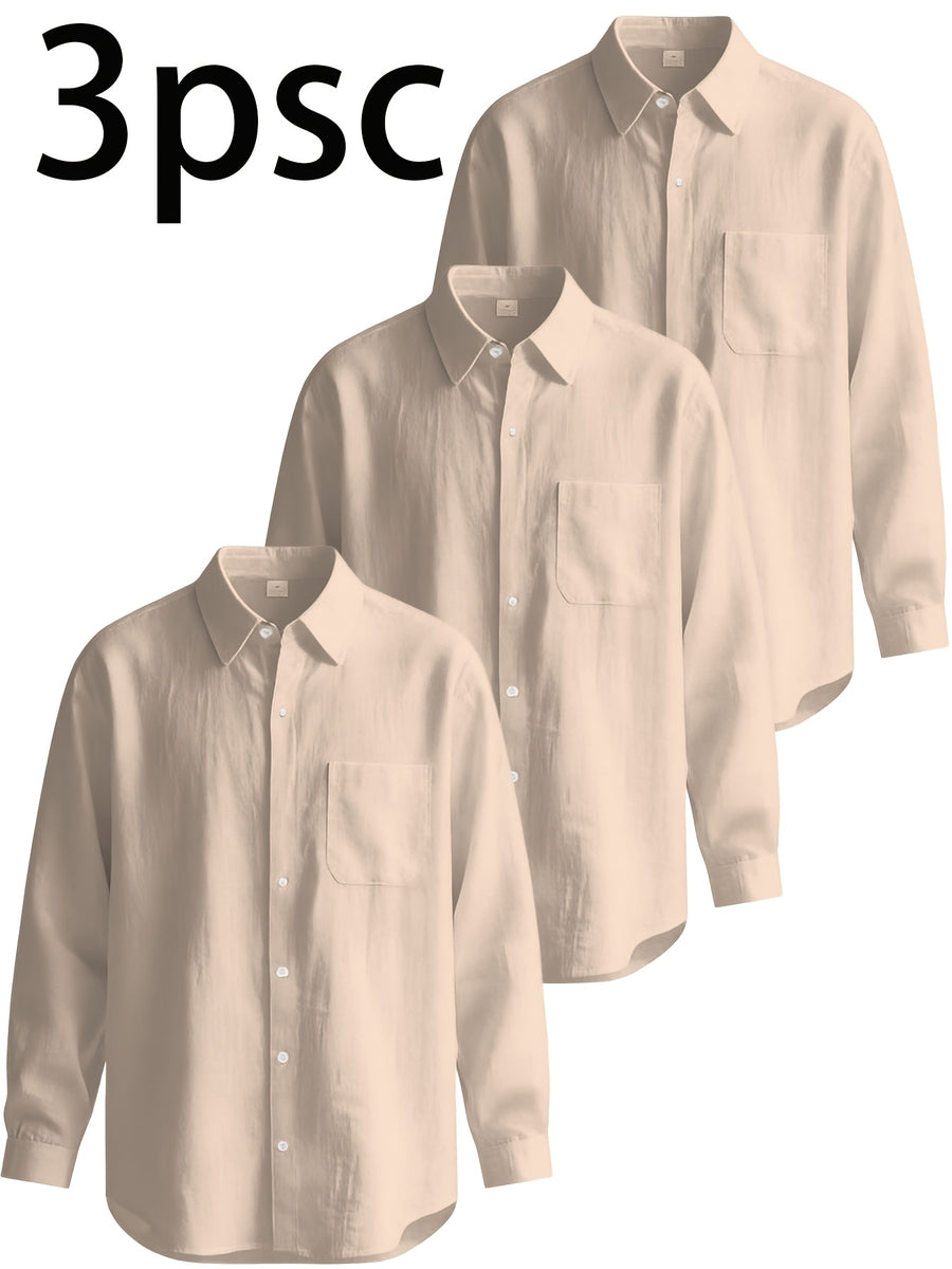 3pcs Men'S Casual Linen Shirts, Long Sleeve Button Tops with Chest Pocket, Lightweight Solid Color Shirts for Daily And Vacation - Khaki