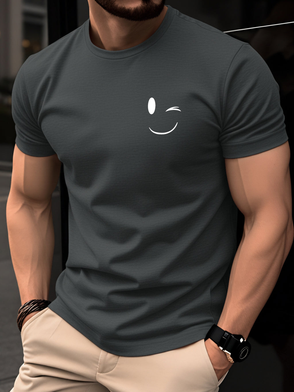 100% Cotton Men's T-Shirt, Summer Short Sleeve Thin Top, Trendy Fashion Slim Fit Youth Daily Casual Versatile 2026 New Year Holiday Outfit, Simple Line Joyful Face Pattern with Playful Winking Expression Design for Added Fun - Dark Gray