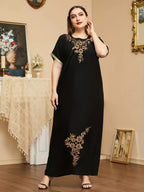 Spring Summer Round Neck Intricate Embroidery Ribbon Patchwork Middle Eastern Women'S Casual Vacation Home Robe - Black