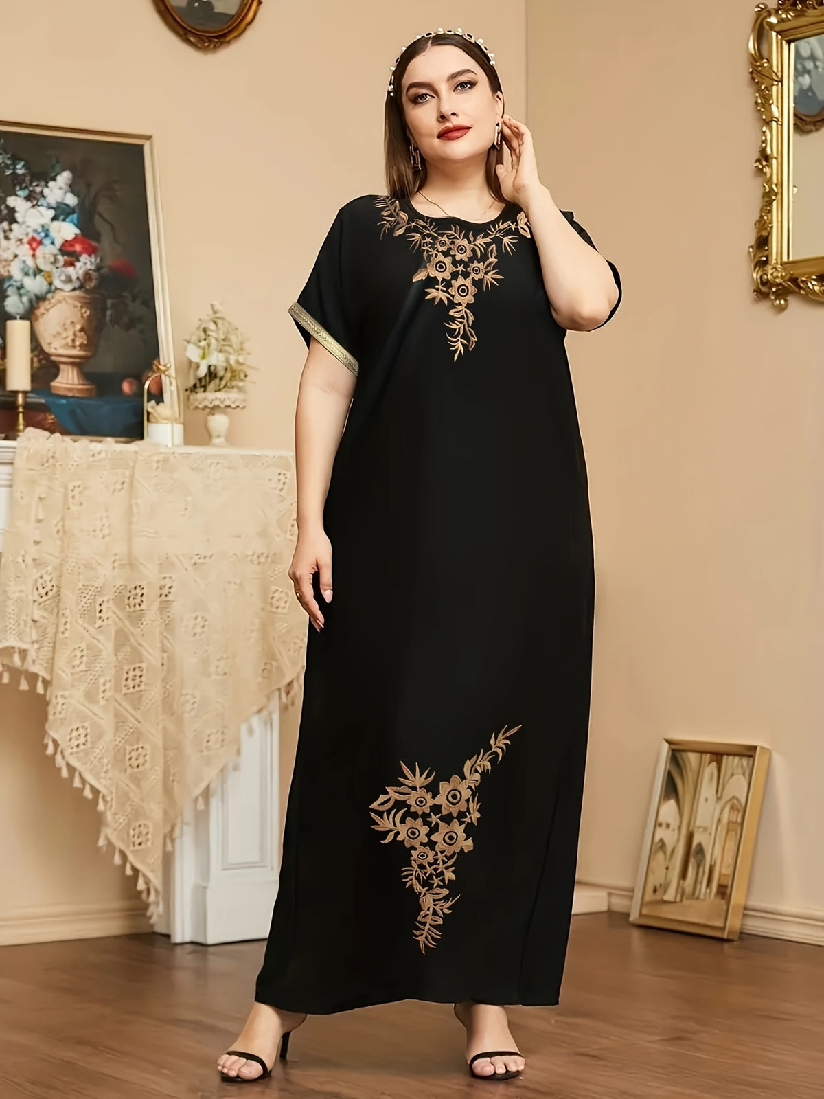 Spring Summer Round Neck Intricate Embroidery Ribbon Patchwork Middle Eastern Women'S Casual Vacation Home Robe - Black