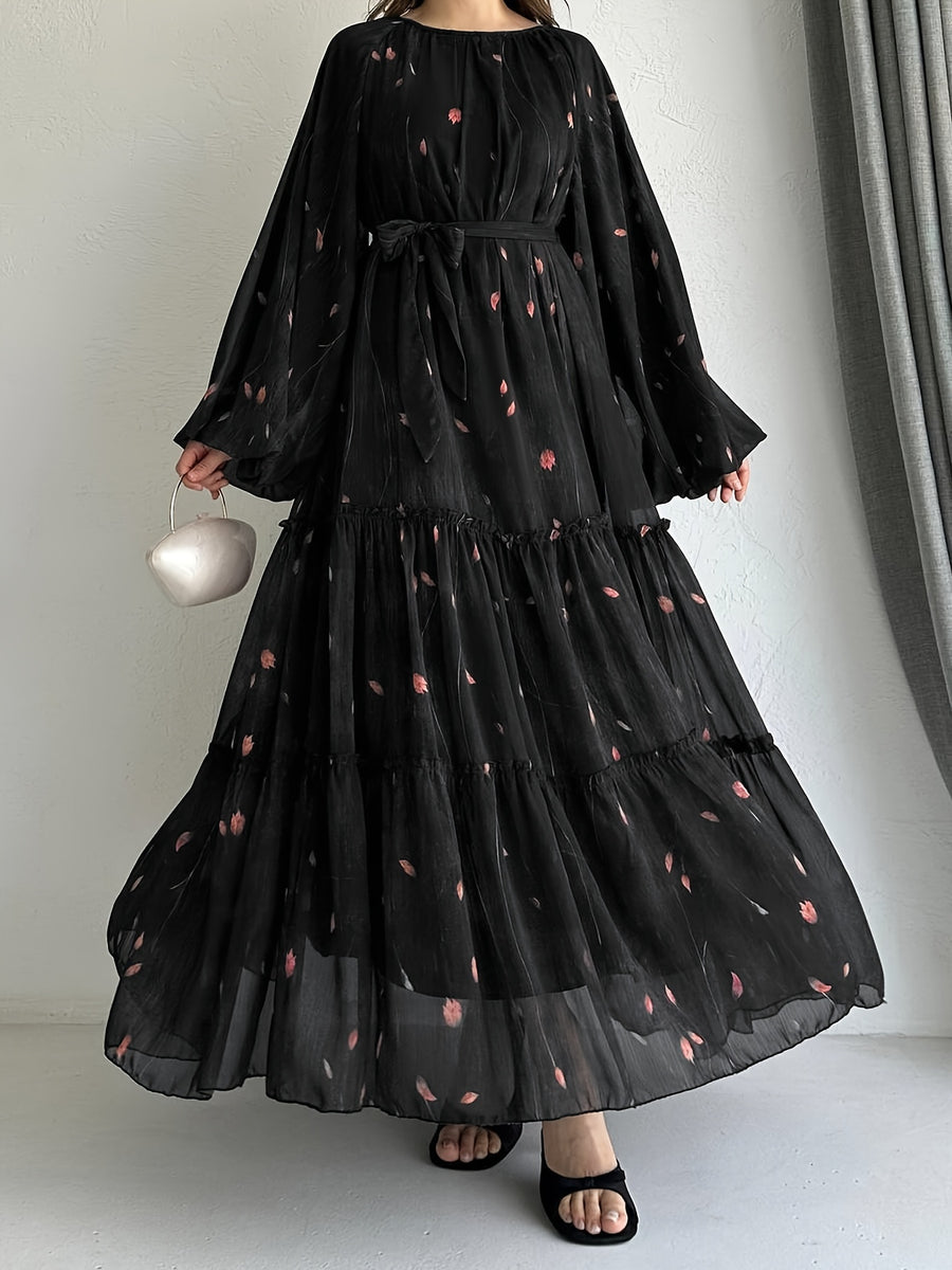 Women's Middle Eastern Muslim Chiffon Print Dress - Black