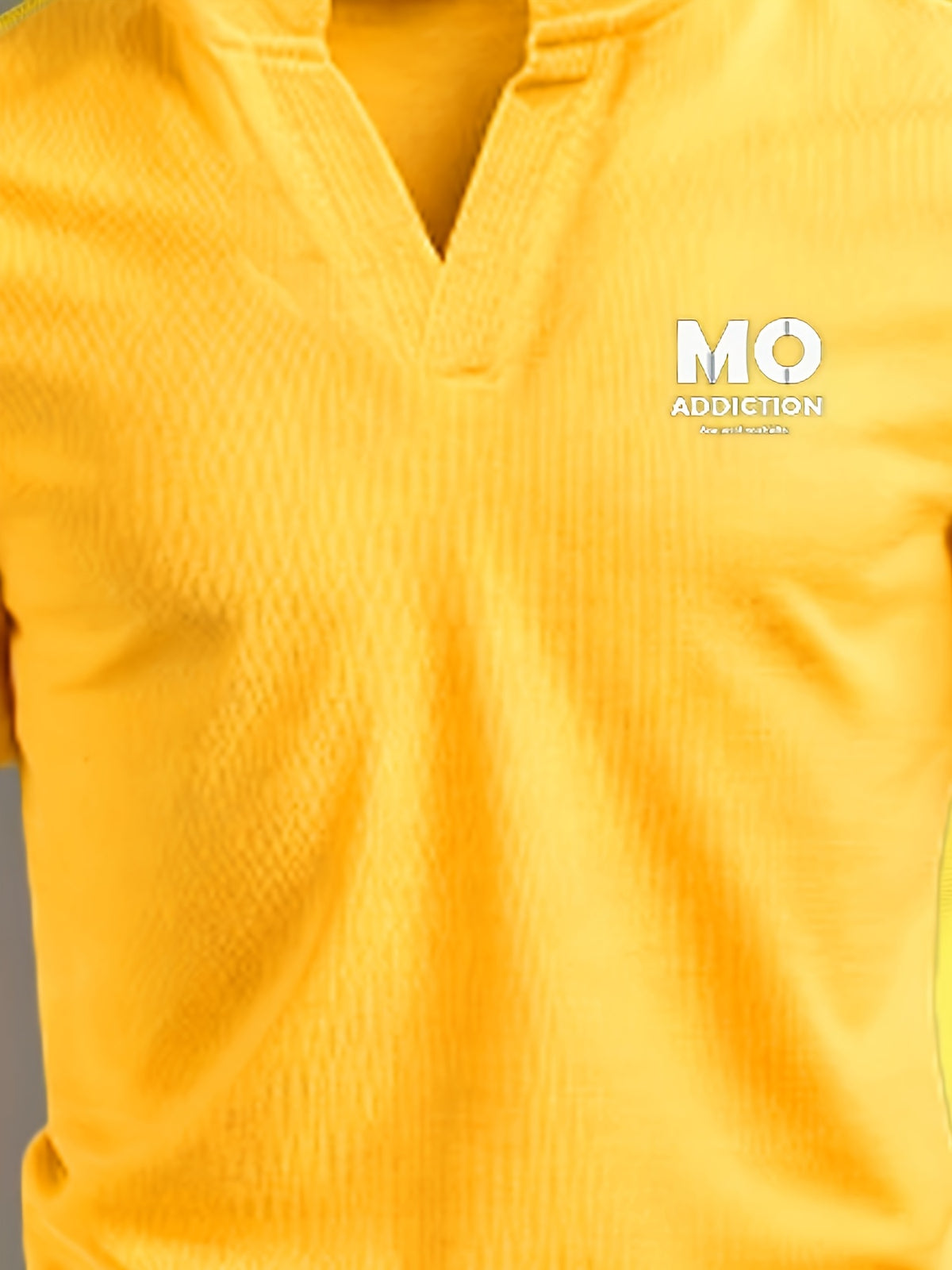Summer Waffle-Weave Men'S Short Sleeve T-Shirt, Small Stand Collar V-Neck Print Trendy Men'S Versatile Short Sleeve - Yellow 2