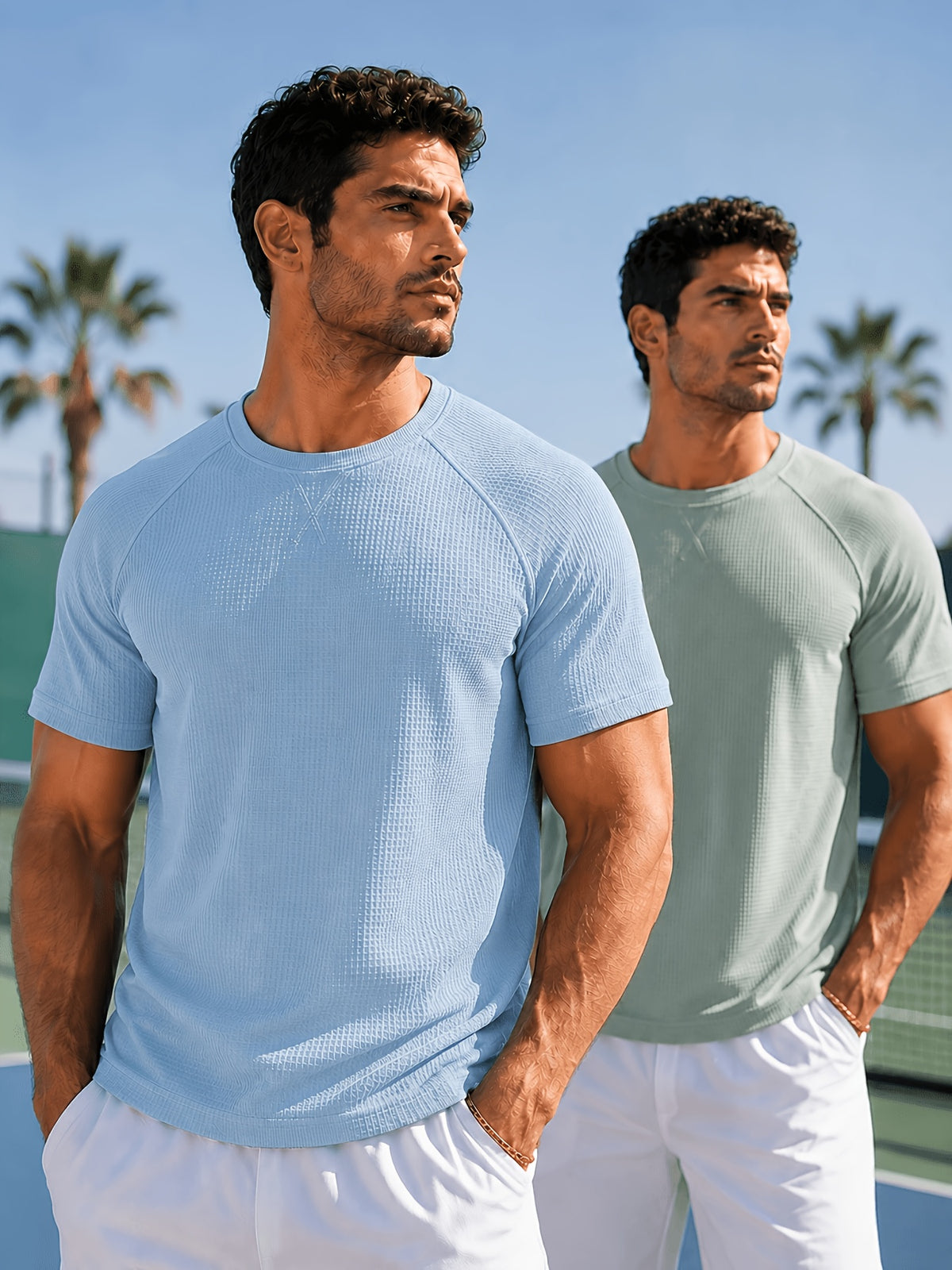 Men'S 2-pc Premium Textured T-Shirts, Casual Short Sleeve Waffle Knit And Jacquard Crew Neck Tees, Lightweight Solid Athletic Summer Tops, Breathable Workout Everyday Fashion Shirts for Men - Light Blue + Light Green