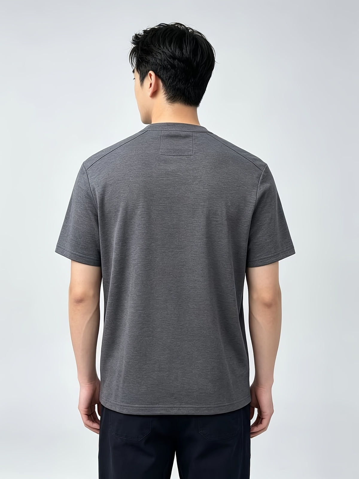 Men'S Solid Black Split Shoulder Mandarin Henley Collar Short Sleeve Top, Summer Office Daily Commute Golf City Street Outfit, Stretch Wrinkle Resistant Cooling Breathable 2-Button Tee, Middle-Aged Gentleman Business Casual Outfit, Minimalist Stand - Grey