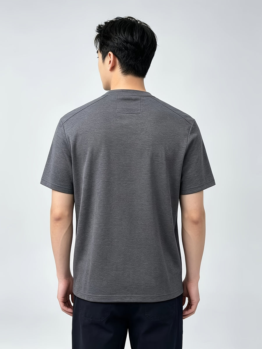 Men'S Solid Black Split Shoulder Mandarin Henley Collar Short Sleeve Top, Summer Office Daily Commute Golf City Street Outfit, Stretch Wrinkle Resistant Cooling Breathable 2-Button Tee, Middle-Aged Gentleman Business Casual Outfit, Minimalist Stand - Grey