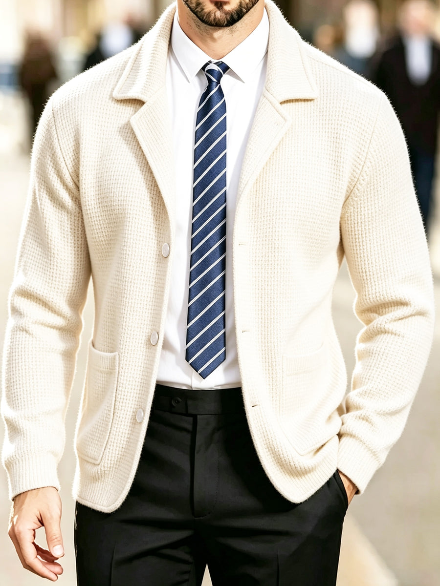 Men's Waffle Knit Cardigan Jacket - Soft Relaxed-Fit Lapel Coat with Double Suitable for Business Casual, Blazer for Daily Commuting, Travel & Gifts, Machine Washable Winter Coat (Father's Day Gift for, Boyfriend) - Off-white