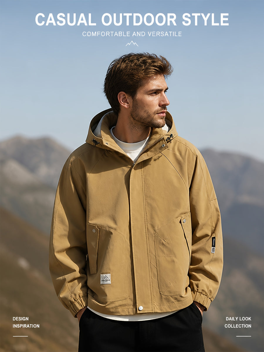Men'S Lightweight Hooded Jacket, Casual Full-Zip Coat with Adjustable Hood And Flap Pockets, Suitable for Autumn And Winter Casual Wear - Camel