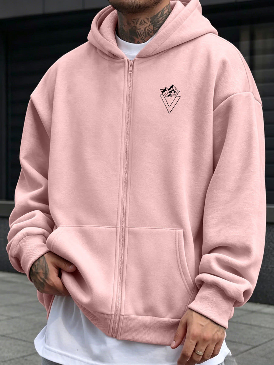 2026 New Men's Zip-Up Hoodie - Casual Pullover with Kangaroo Pocket, Stretch Fabric, Letter Graphic Print, Versatile and Fashionable Style, Perfect Choice for Fall - Pink
