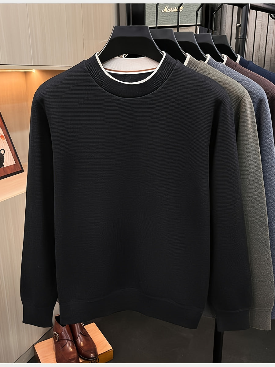 Men'S Round Neck Knit Sweater, Gray Contrast Trimmed Collar Long Sleeve, Light Business Style, Regular Fit for Fall/Winter, Suitable for Layering And Casual Outings - Black
