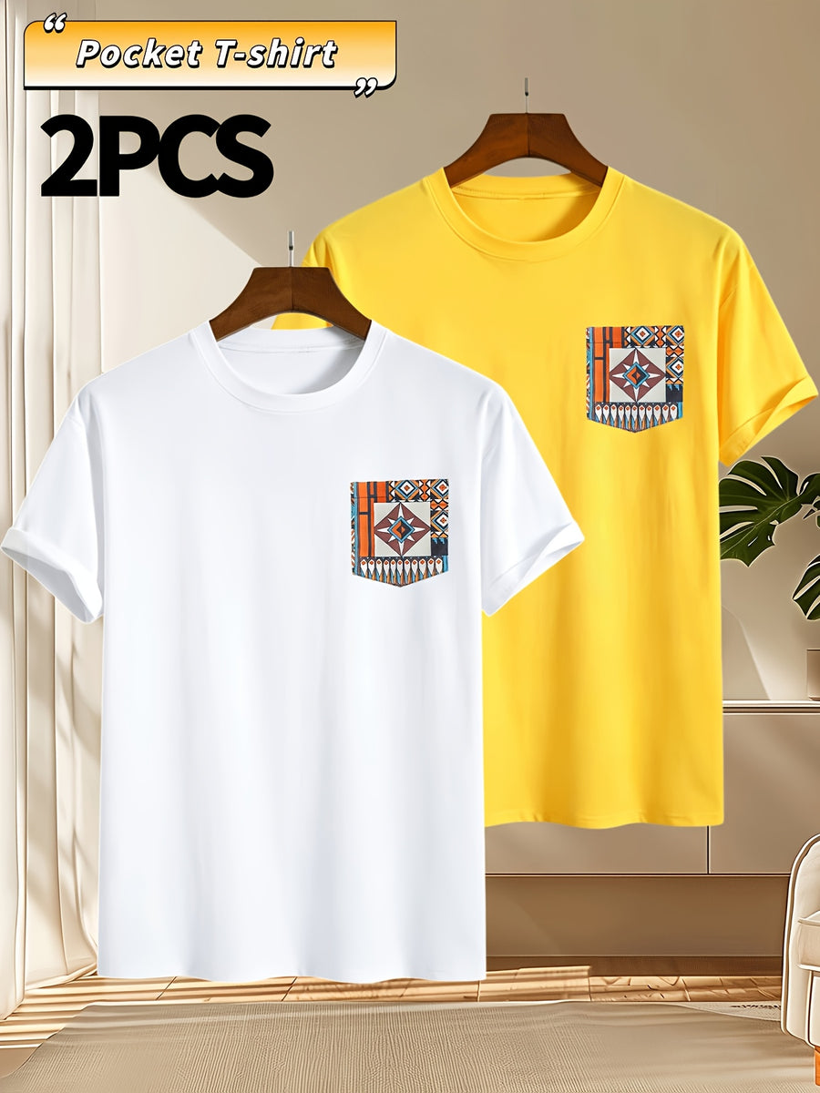 2pcs Men's Round Neck Pocket Short-Sleeve T-Shirt, Suitable for Summer Outdoor Casual Wear, Versatile Casual Knit Top, Men's Casual Pocket Design Sport T-Shirt - White + Yellow