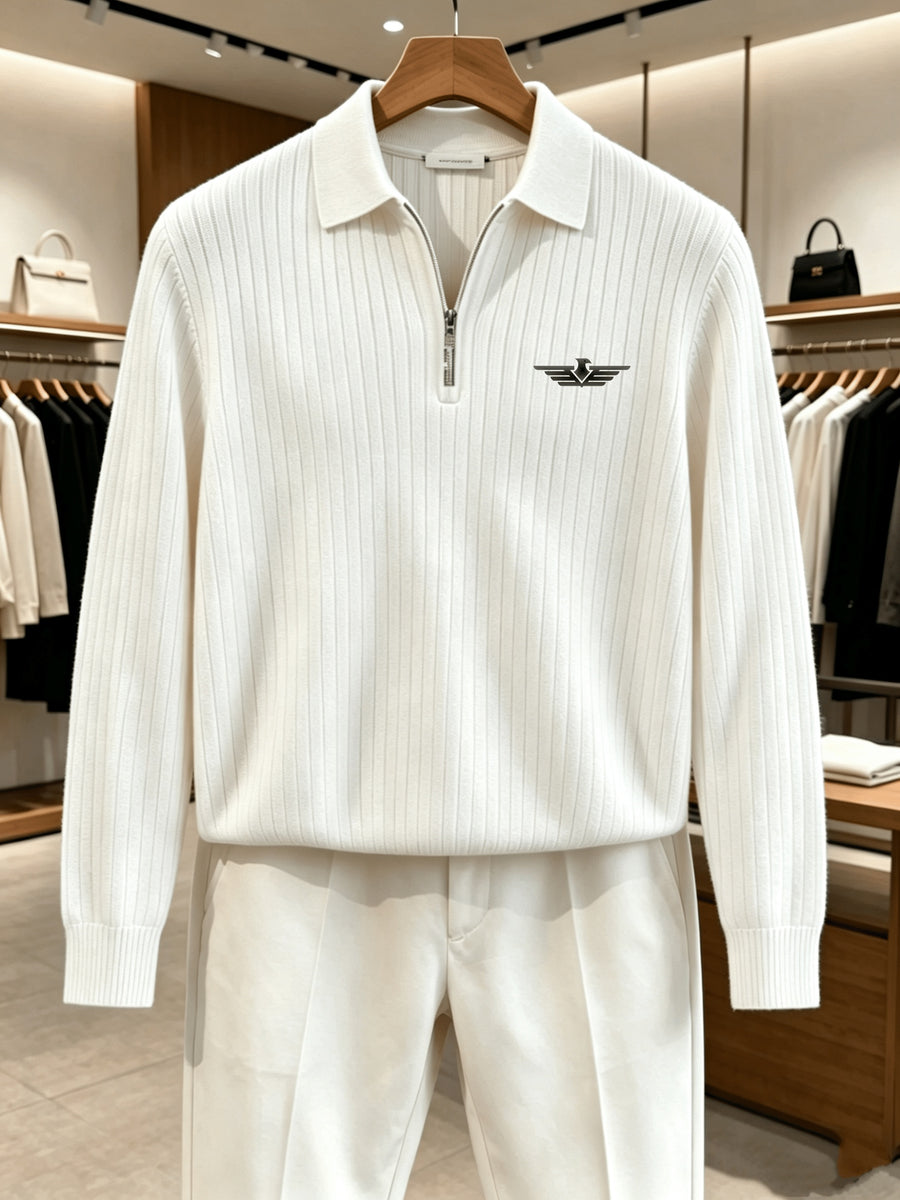 Men's Autumn/Winter Long-Sleeve Lapel Outdoor Casual Sports Printed Polo Shirt - White