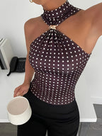 Spring/Summer Women's Halter Neck Slim Fit Off-Shoulder Elegant Metal Buckle Sleeveless Top, Halter Neck Fashion Vest Top - Purple Polka Dots