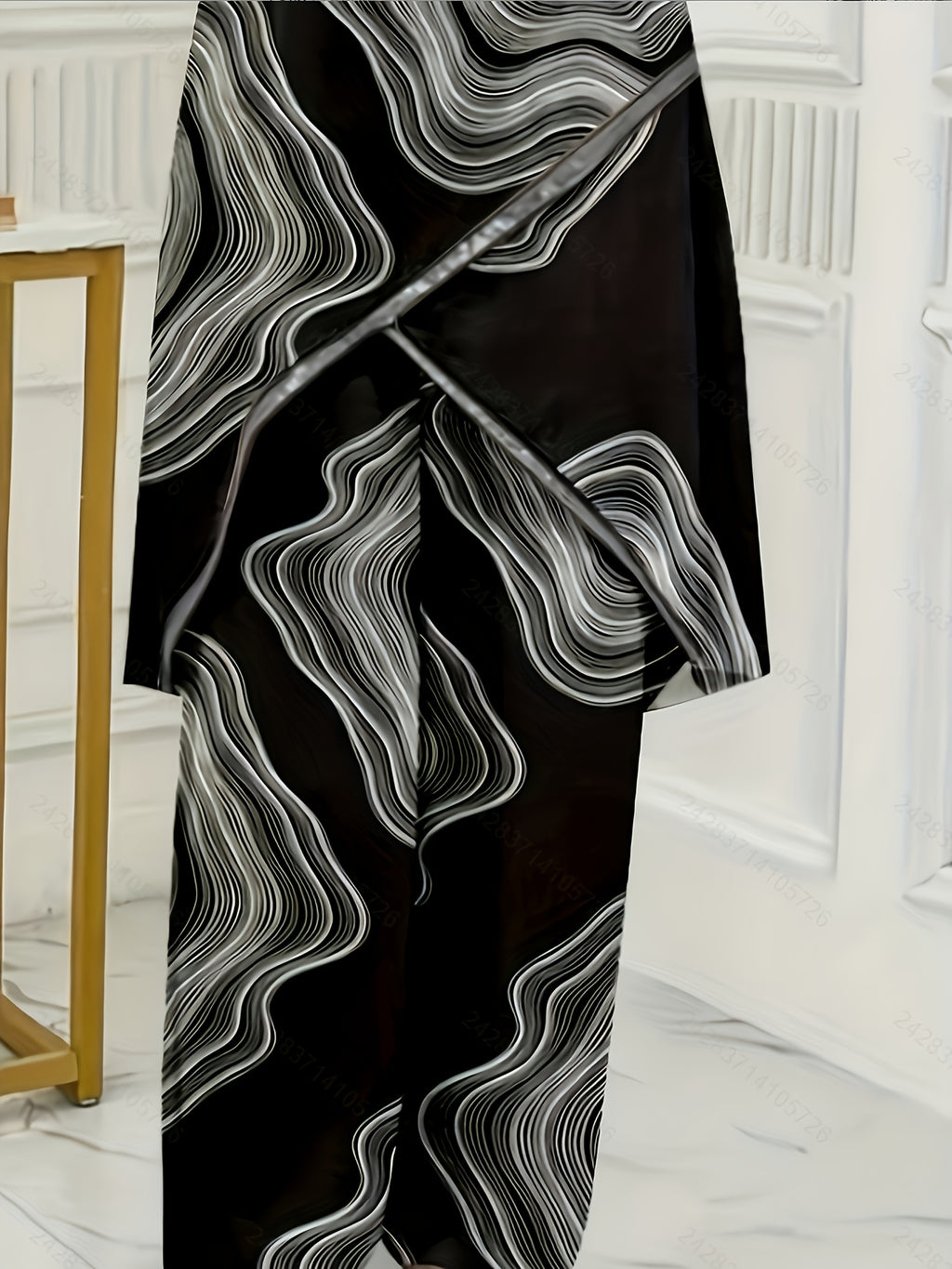 Ladies' Elegant Shirt and Wide-leg Pants Set, Paired with Beaded Necklace, Featuring Long-sleeve Design and Loose-fitting Pants, Ideal for Formal Occasions and Suitable for All Seasons. Made of Polyester Fabric, Perfect for Formal Wear - Black Circle