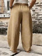 Plus Size, Plus Size Stylish Women's Solid Color Casual Pants, Elastic High Waist with Pockets, Loose Wide-Leg Trousers, Versatile Pants for Commuting and Vacation - Khaki
