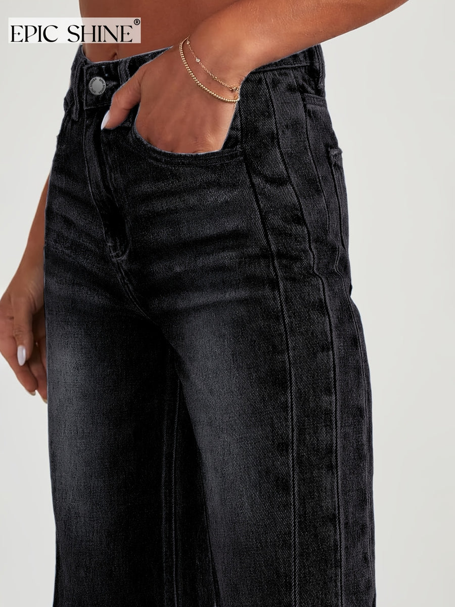 Women's Trendy High-waisted Loose Wide-leg Jeans, Stretchy Wide-leg Pants, Raw Hem Design, with Pockets, High-waisted Straight-leg Jeans, Versatile for Commuting, Women's Denim and Clothing - Graphite Black